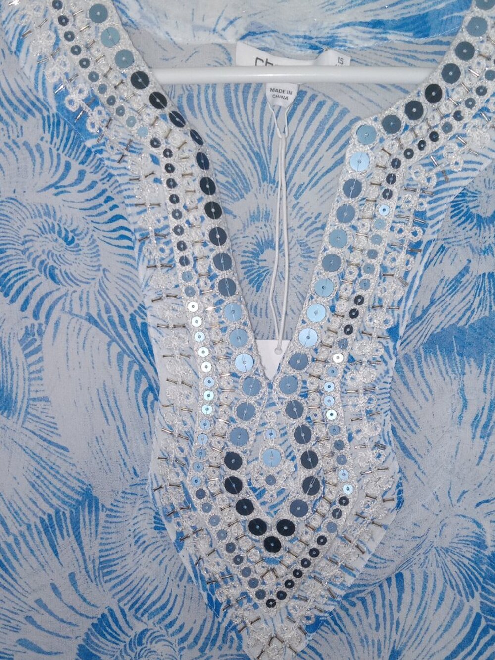 Chico’s Nautilus Swirl Georgette Tunic Top Blue Beaded Kurta 3/4 Sleeve Size L - Picture 5 of 13